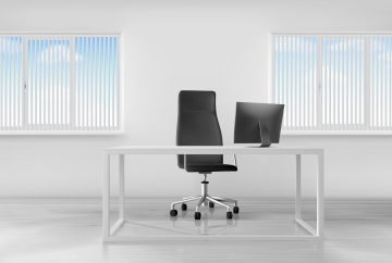 Empty office room interior, workplace with desk, turning seat and computer on table, inner design in white colors, windows covered with jalousie, boss working place. Realistic 3d vector illustration